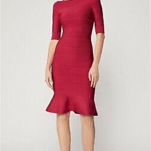 $990 NWOT Authentic HERVE LEGER Cranberry Red OFF-SHOULDER FLARE Dress XS